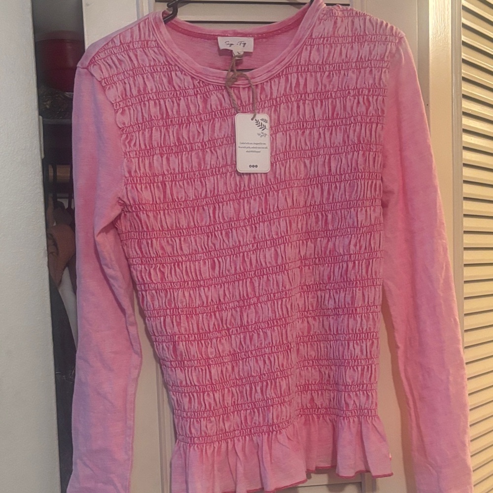 Girls' Pink Smocked Long-Sleeve Peplum Top